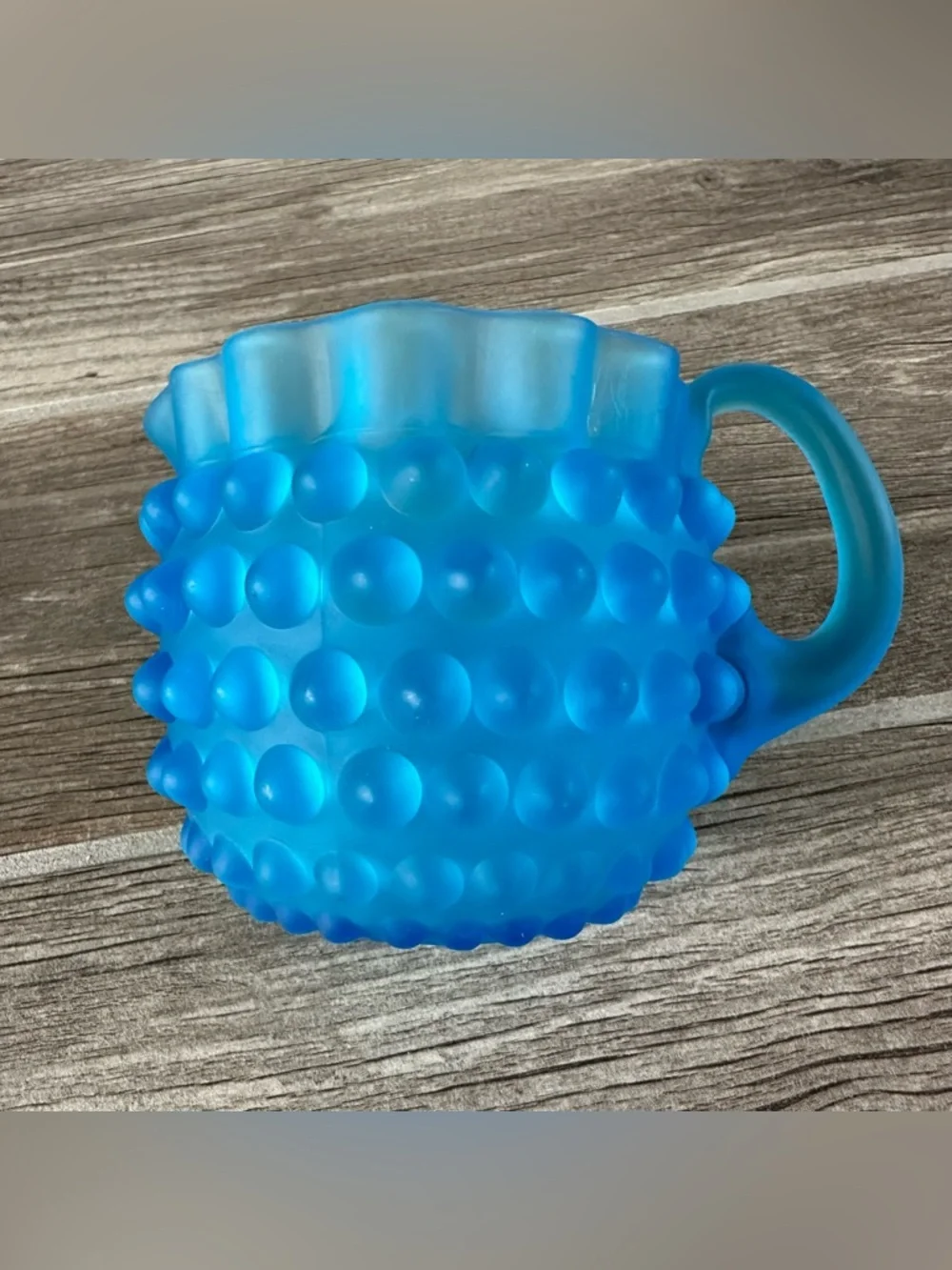 Vintage Fenton Frosted Satin Blue Teal Hobnail W/Ruffled Edge Table Creamer